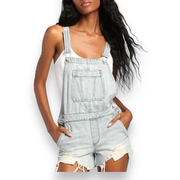 Blank NYC Women's L Blue Light Wash Shortalls Denim Overalls Raw Distress Hem‎ - Picture 1 of 12